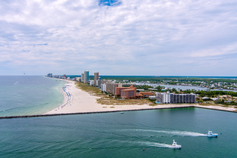 Aerial view of Orange Beach, Alabama, showcasing the coastline and cityscape.